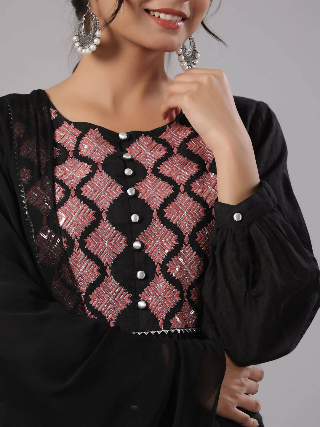 Juniper Women's Black Cotton Dobby Solid With Embroidery Flared Kurta Sets - Distacart