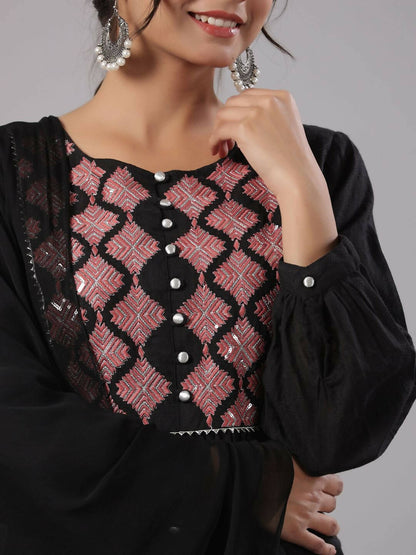 Juniper Women's Black Cotton Dobby Solid With Embroidery Flared Kurta Sets - Distacart
