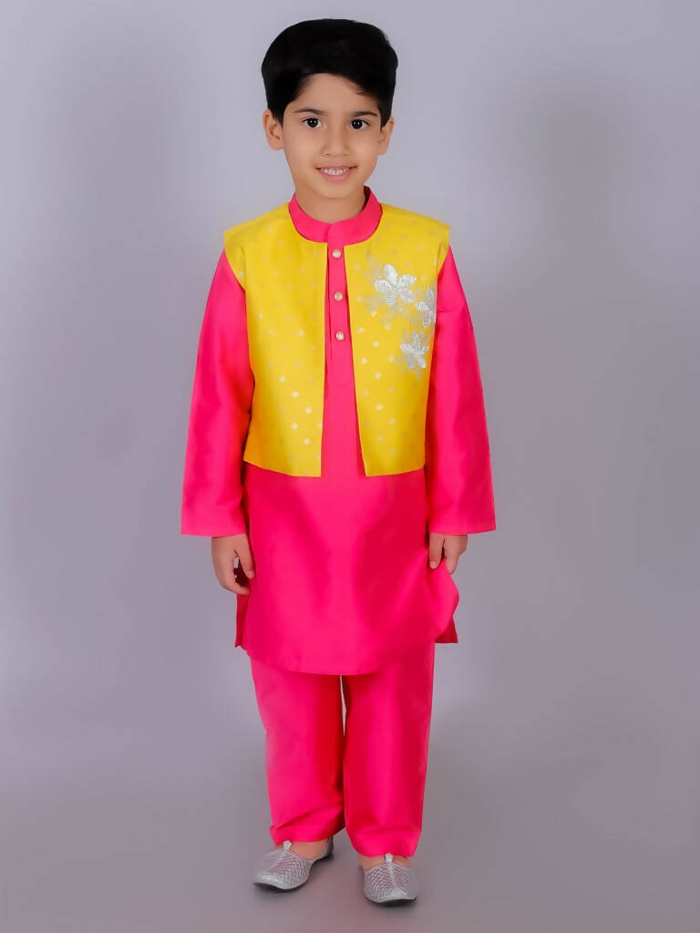 Lil Drama Ethnic Boys Pink Kurta with Pant and Jacket set - Distacart