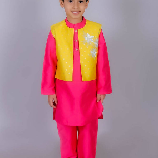 Lil Drama Ethnic Boys Pink Kurta with Pant and Jacket set - Distacart
