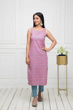 Thumbnail for Myshka Women Pink Solid Cotton Straight Round Neck Kurtas - Distacart