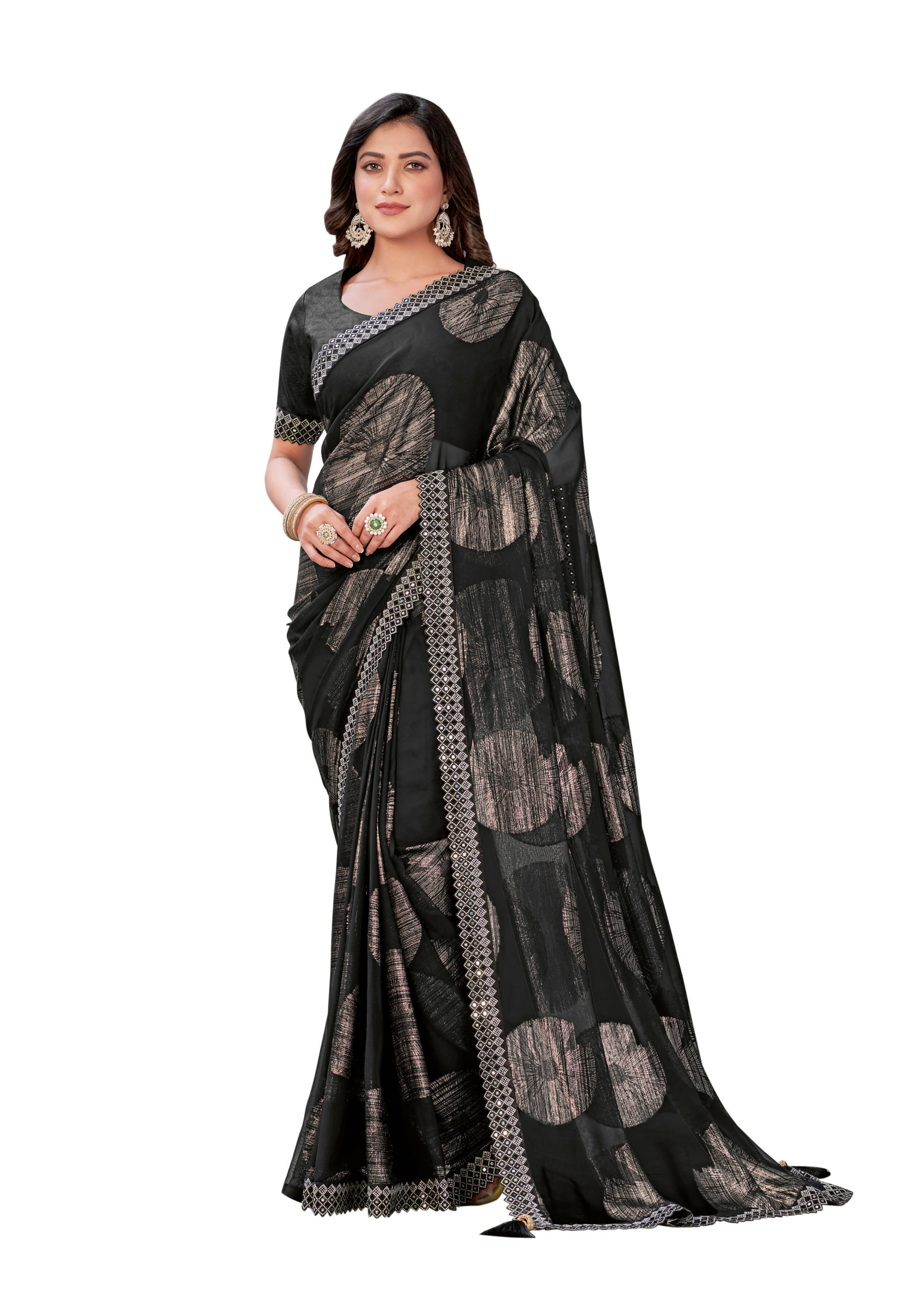 Black Georgette Zari Jacquard Embroidered Border With Mirror Work Saree With Unstitched Blouse Piece - Norita Zaina - Distacart