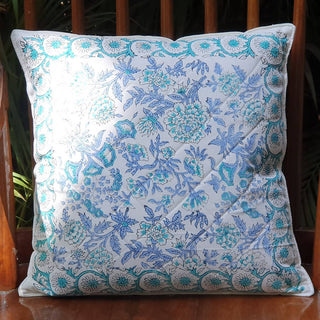 The Decor Nook Peony Floral Print Cushion Cover in Soothing Blue And Green Colour