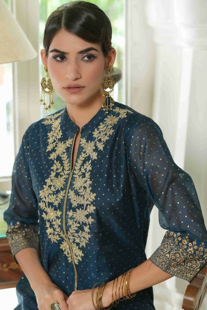 Juniper Blue Chanderi Festive Embroidered Polka Dot Printed A-Line Kurta For Women - Distacart