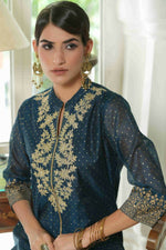 Thumbnail for Juniper Blue Chanderi Festive Embroidered Polka Dot Printed A-Line Kurta For Women - Distacart