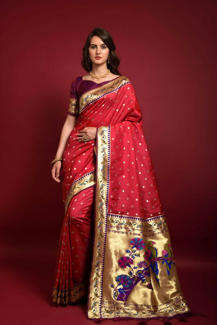Vishnu Weaves Women's Red Paithani Silk Zari Woven Saree with Unstitched Blouse - Distacart