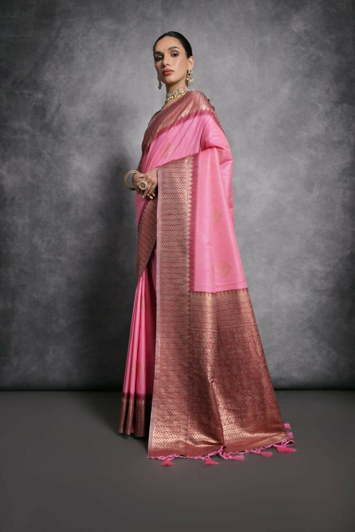 Vishnu Weaves Women's Baby-Pink Tussar Silk Zari Woven Saree with Blouse - Distacart