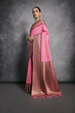 Thumbnail for Vishnu Weaves Women's Baby-Pink Tussar Silk Zari Woven Saree with Blouse - Distacart