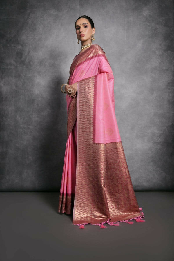 Vishnu Weaves Women's Baby-Pink Tussar Silk Zari Woven Saree with Blouse - Distacart