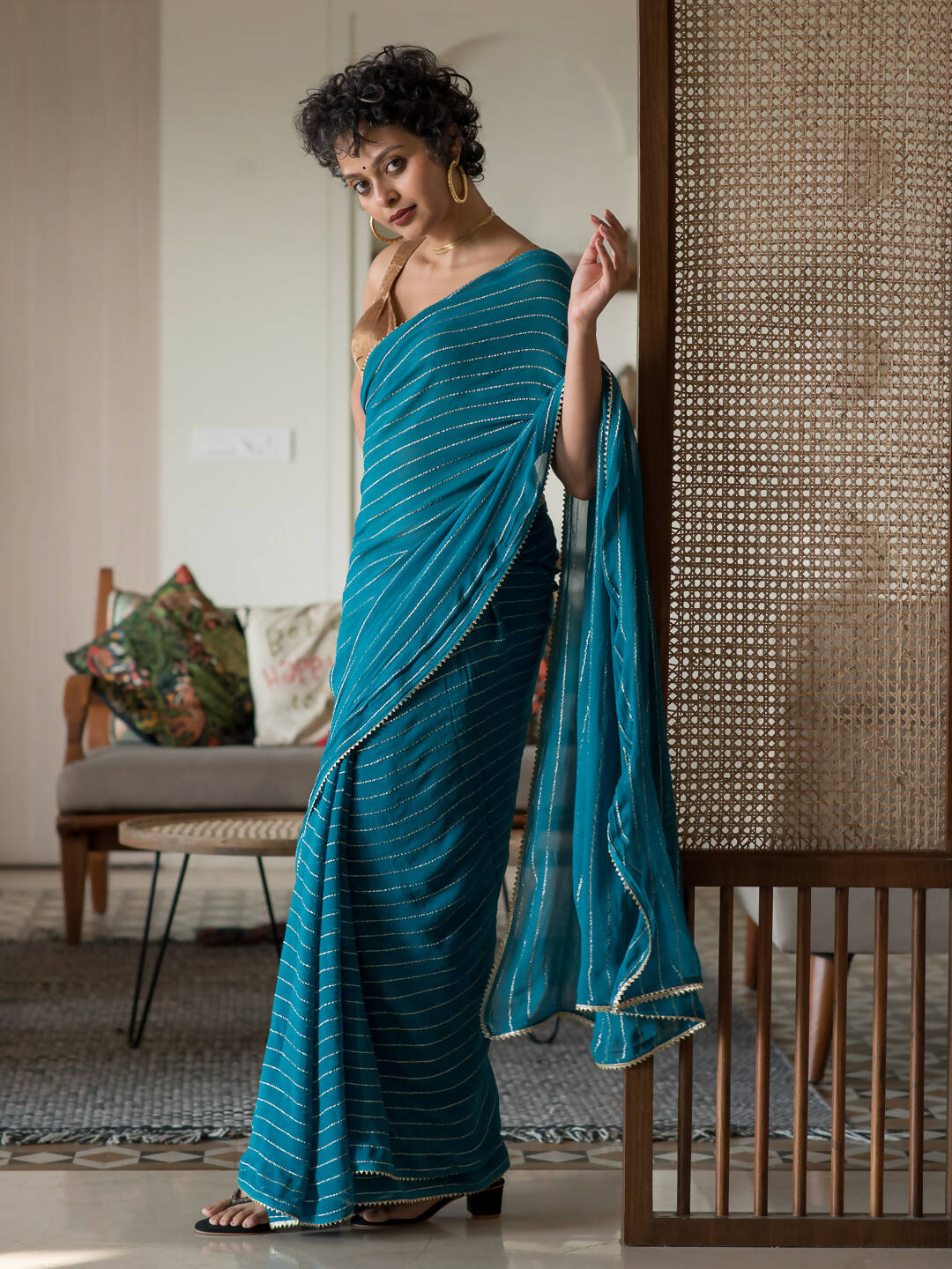 Suta Turquoise Blue Striped Viscose Rayon Saree - Distacart