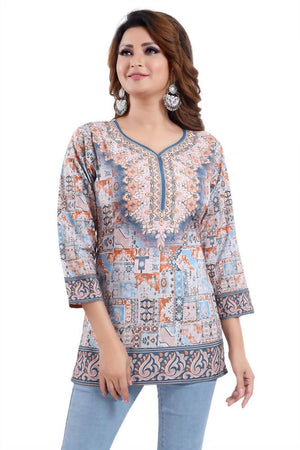 Snehal Creations Phenomenal Blue Faux Crepe Printed Tunic Top