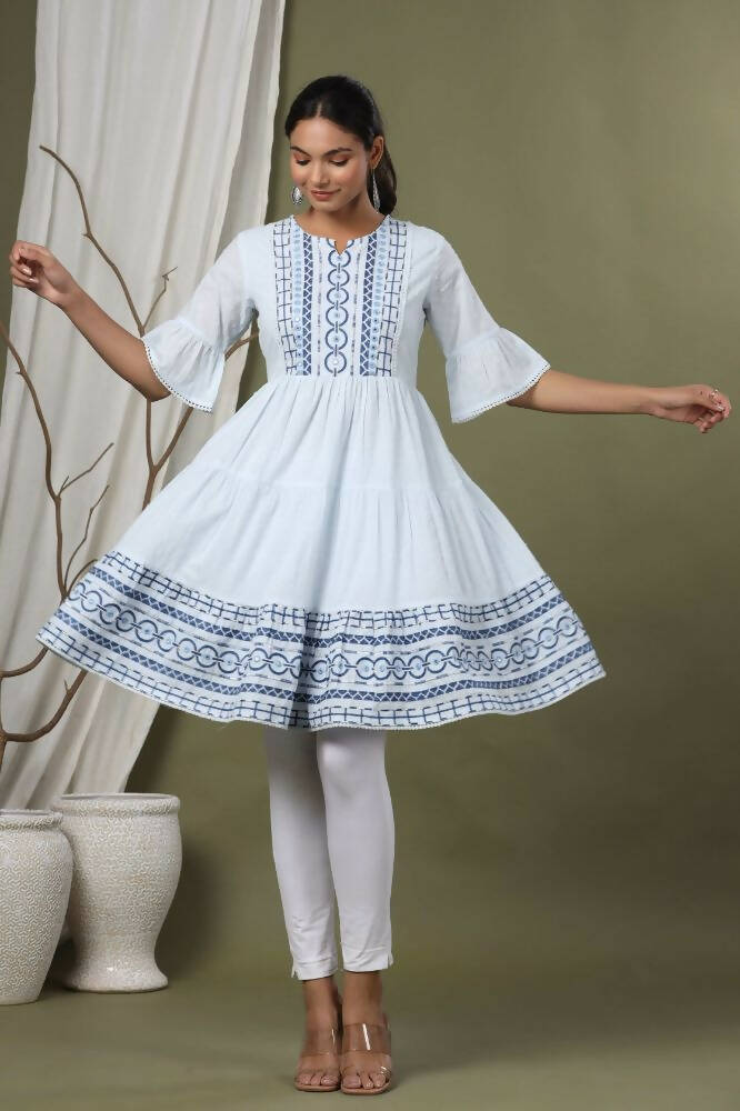 Juniper Sky Blue Cotton Dobby Festive Embroidered Tiered Dress For Women - Distacart