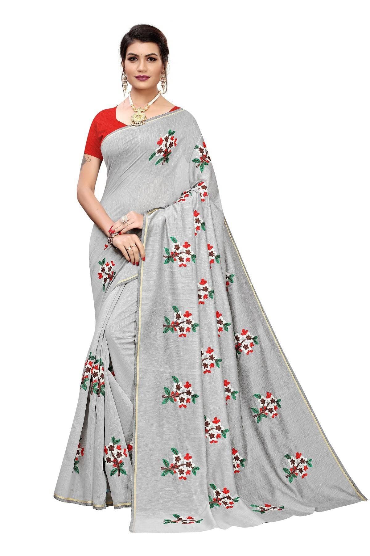 Vamika Grey Chanderi Cotton Embroidery Floral Saree