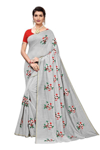 Thumbnail for Vamika Grey Chanderi Cotton Embroidery Floral Saree