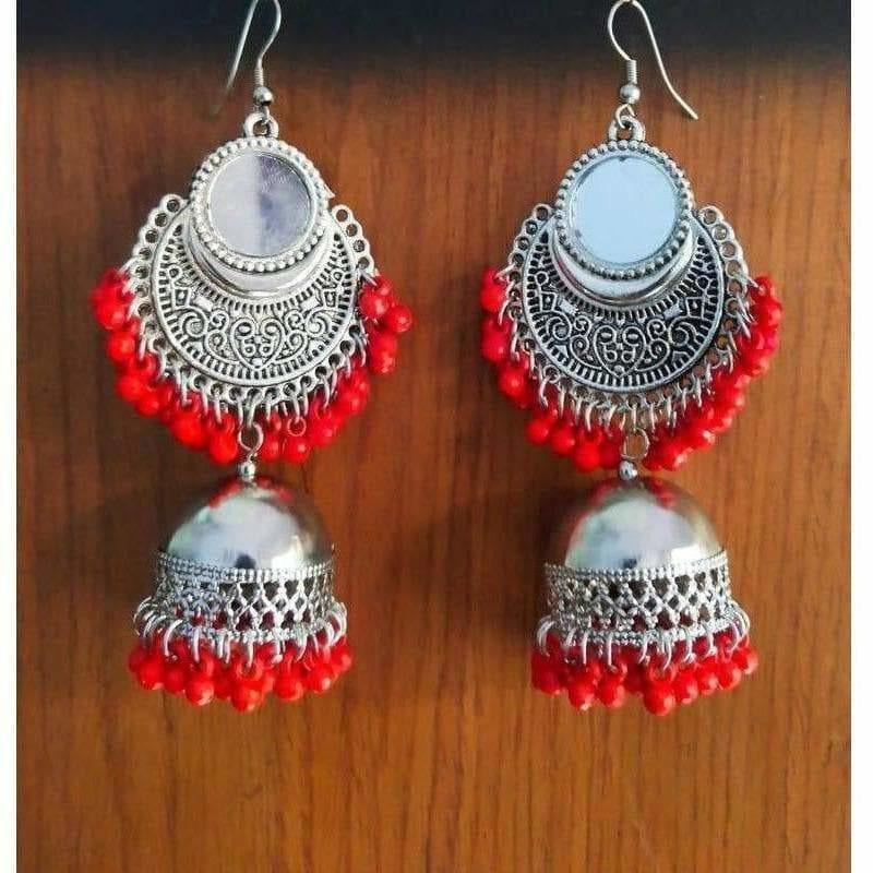 Red Color Pearls Silver Oxidized Mirror Design And Traditional Jhumka Earrings