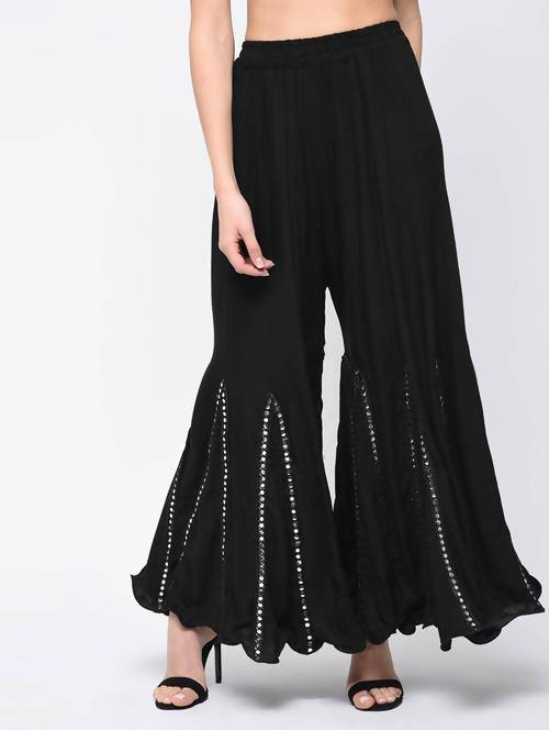 Mominos Fashion Black Viscose Rayon Flared Palazzo with Mirror Lace Work - Distacart