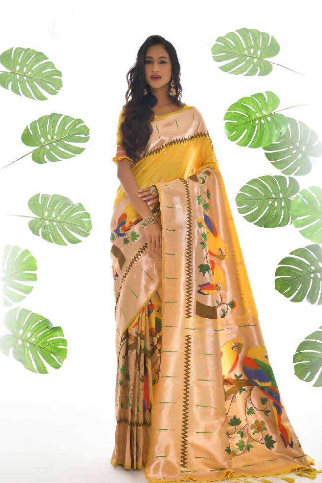 Vishnu Weaves Women's Yellow Paithani Silk Zari Woven Saree with Unstitched Blouse - Distacart