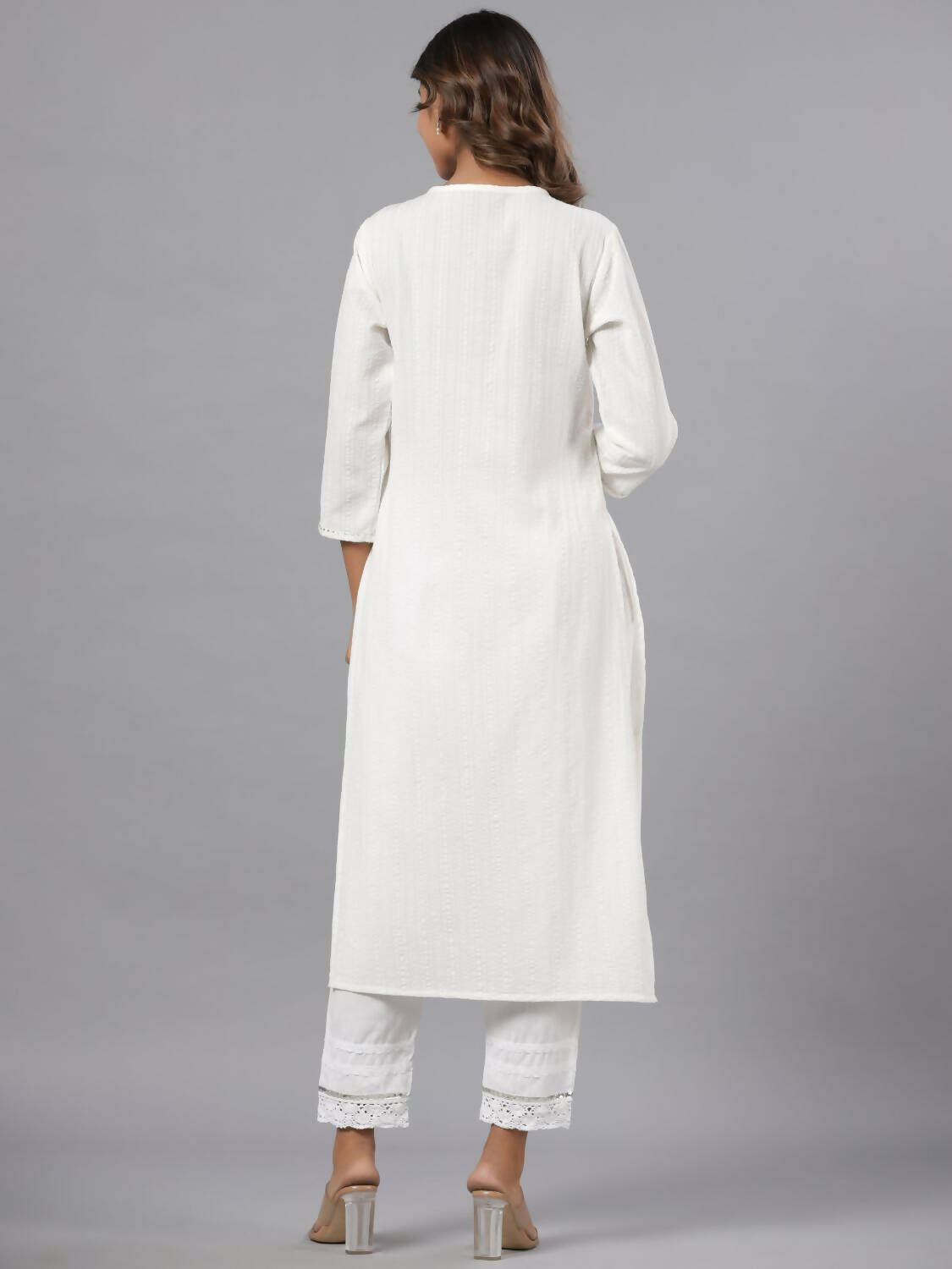 Juniper Women White Seer Sucker Embroidered High Slit Kurta - Distacart