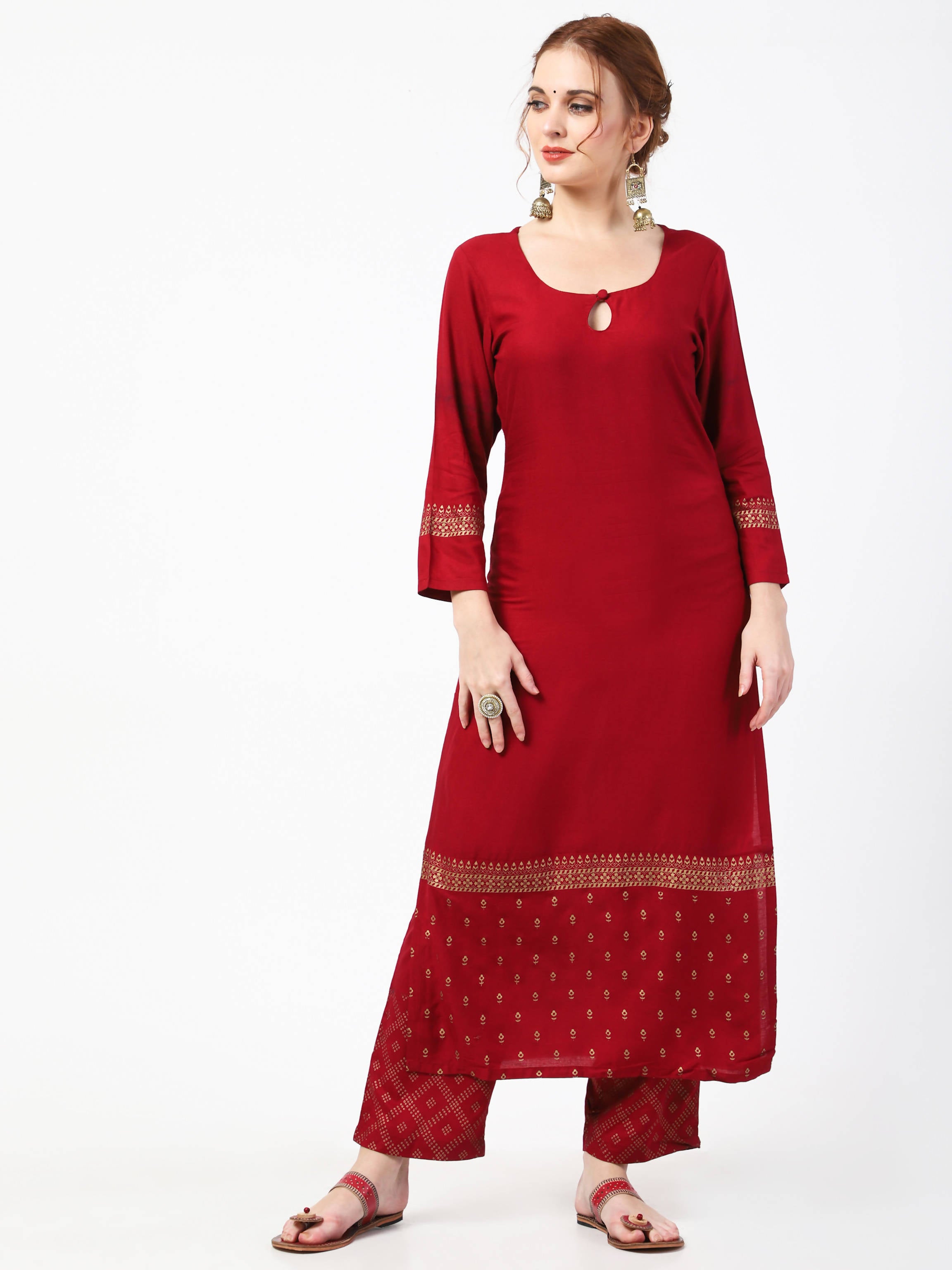 Cheera Gold Printed Maroon Kurta & Palazzo (CH-86KP) - Distacart