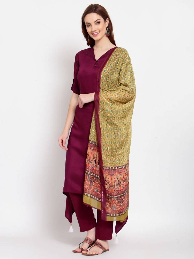 Myshka Women's Burgandy Solid Cotton Half Sleeve V Neck Casual Kurta Pant Dupatta Set