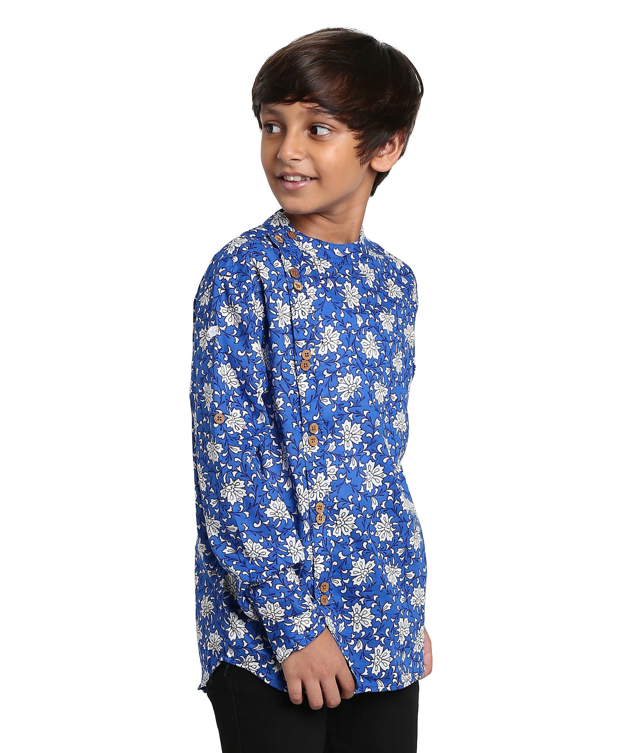Manet Boys Full Sleeves Flower Printed Ethnic Shirt - Blue - Distacart