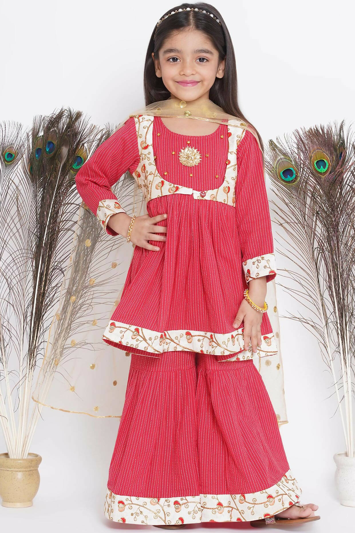 Little Bansi Floral Embroidery Jacket With Cotton Kantha Frock Sharara And Dupatta With Ghungroo Handwork - Red - Distacart