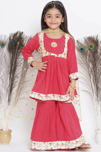 Thumbnail for Little Bansi Floral Embroidery Jacket With Cotton Kantha Frock Sharara And Dupatta With Ghungroo Handwork - Red - Distacart