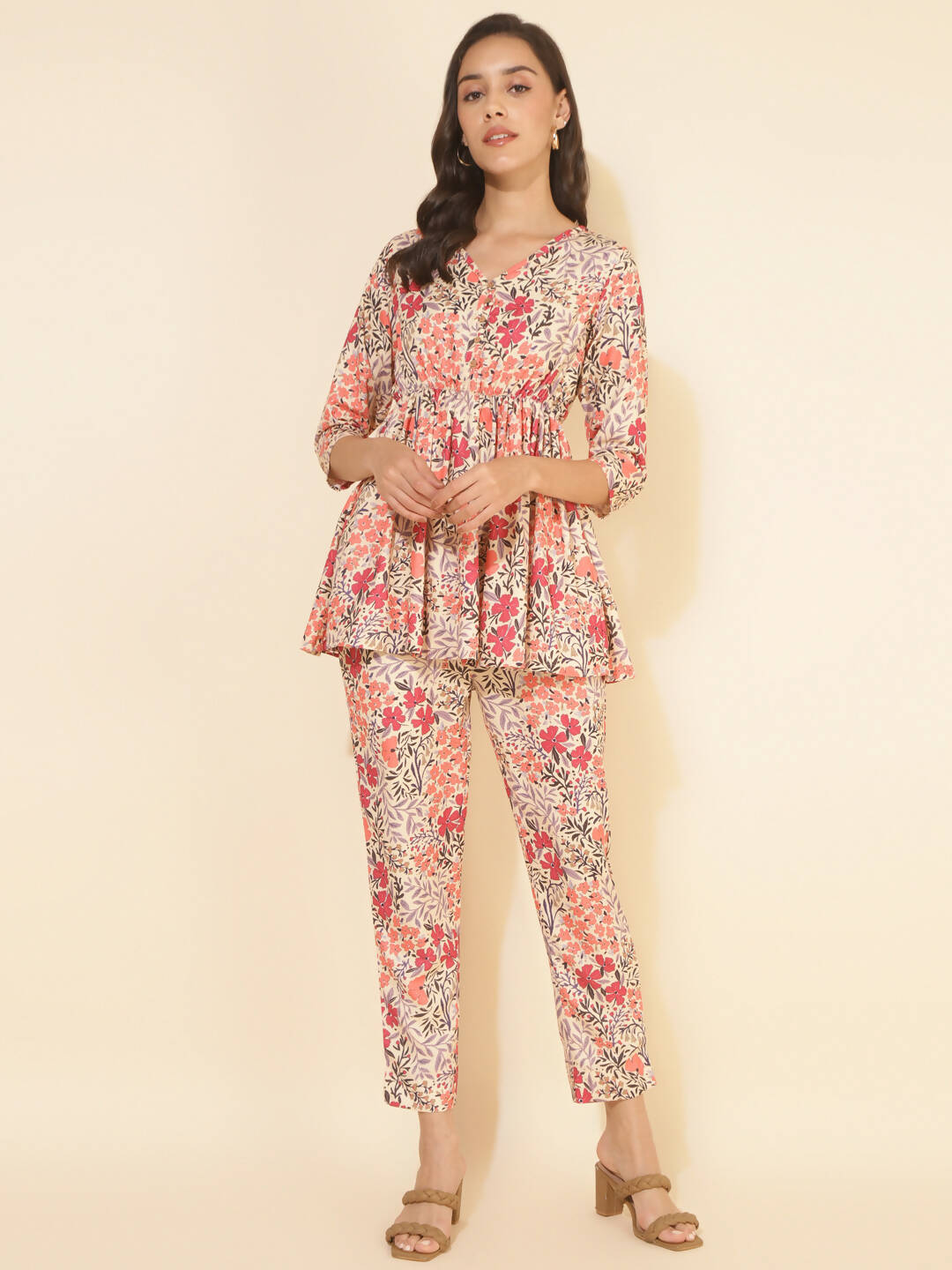 Janasya Women's Multicolor Moss Floral Printed Casual Flared Co-ords - Distacart