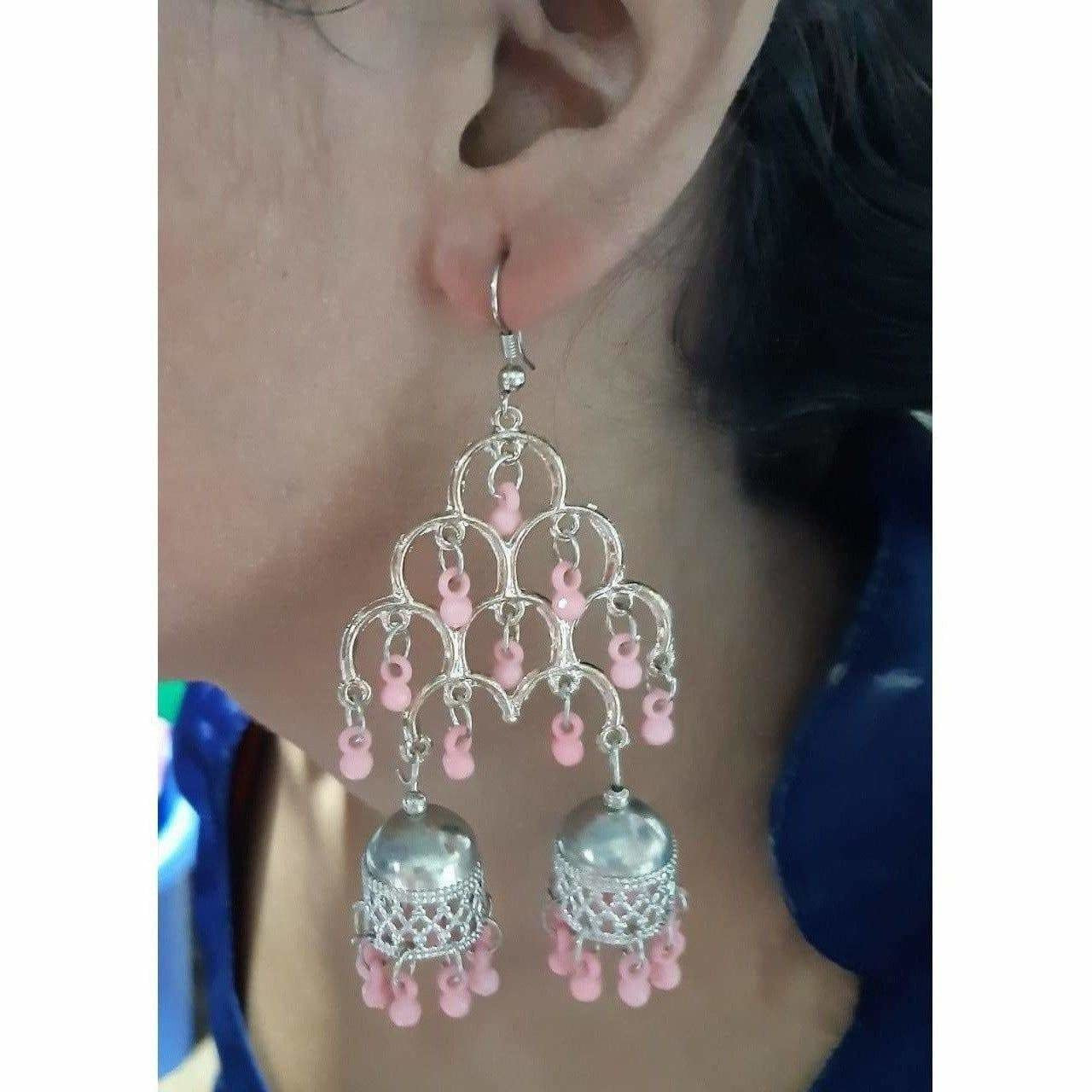 Silver Oxidized Fashion Traditional Double Jhumka Long Light Pink Pearls Earrings