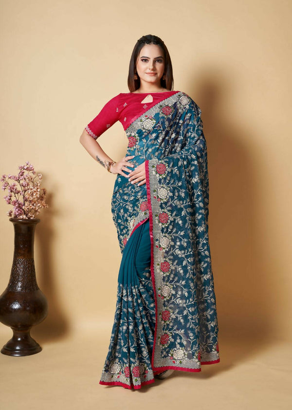 Vastrasky Teal Organza Saree - Distacart