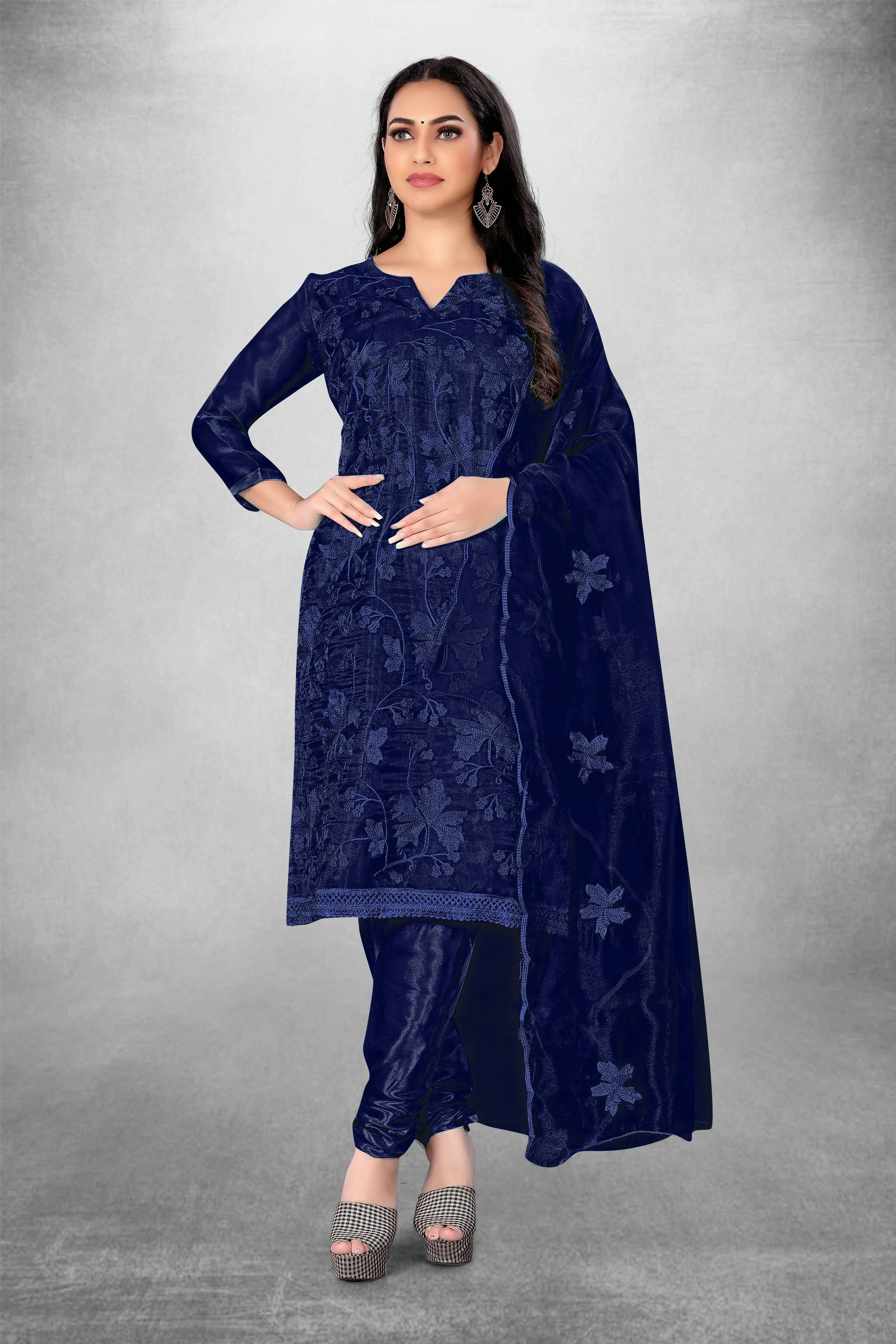 Navy Blue Heavy Organza Silk Embroidered Unstitched Dress Material - Amara - Distacart