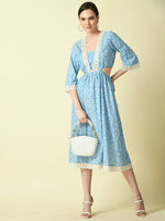 Thumbnail for Myshka Women's Blue Floral Printed Fit and Flare Dress - Distacart