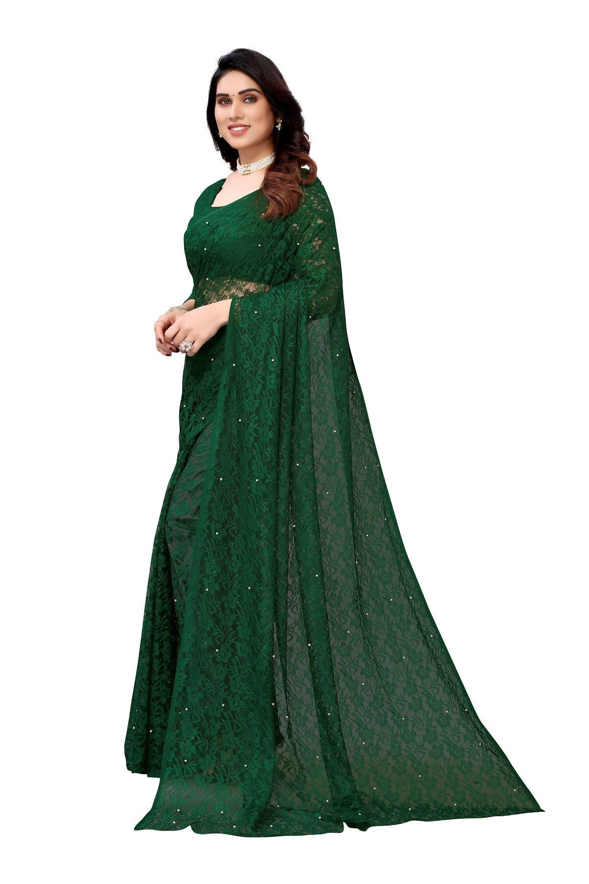 Vamika Ethnic Fire Green Pearls Net Saree - Distacart