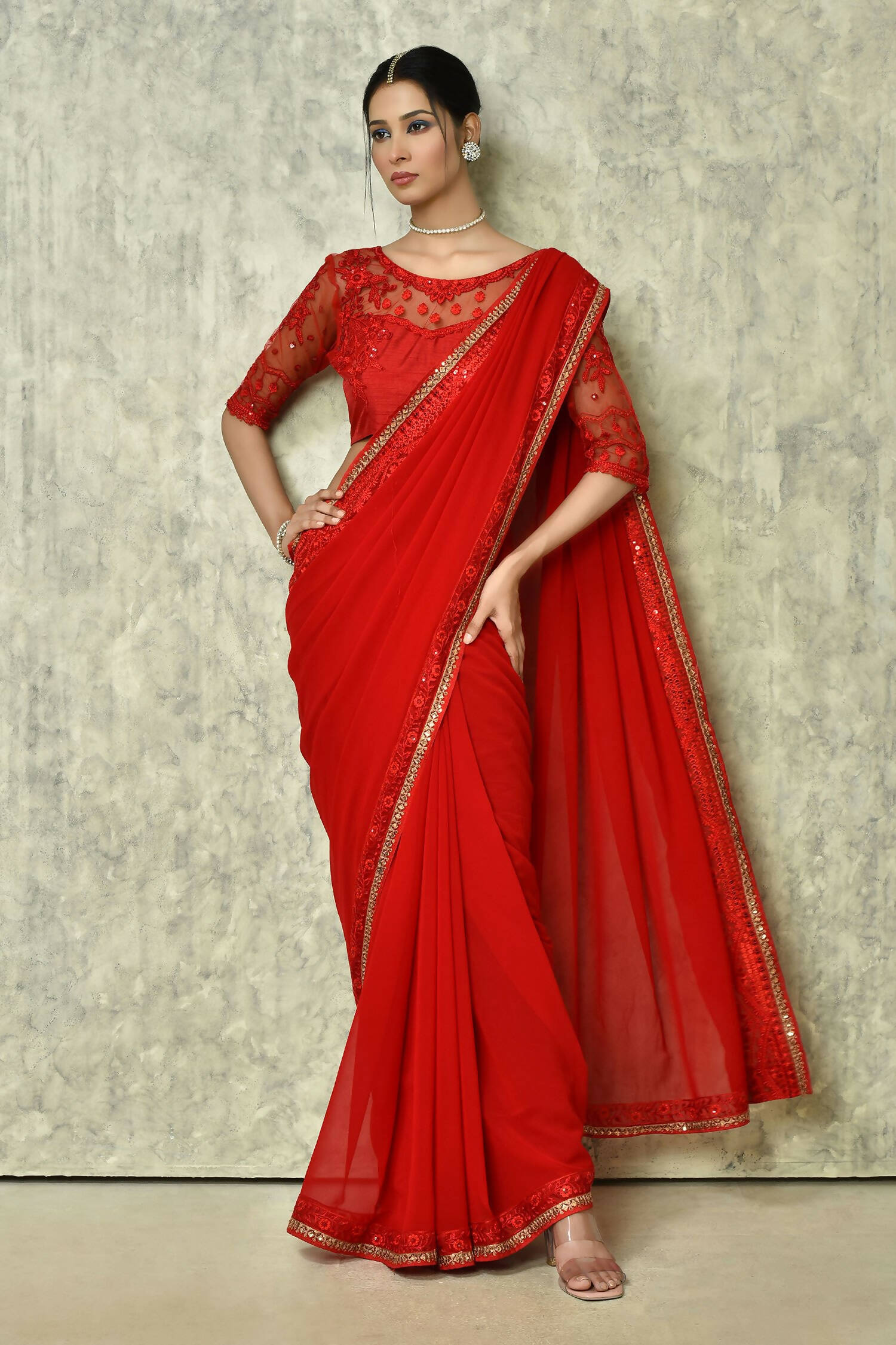 Red Georgette Plain Saree with Blouse Piece - Purvi - Distacart