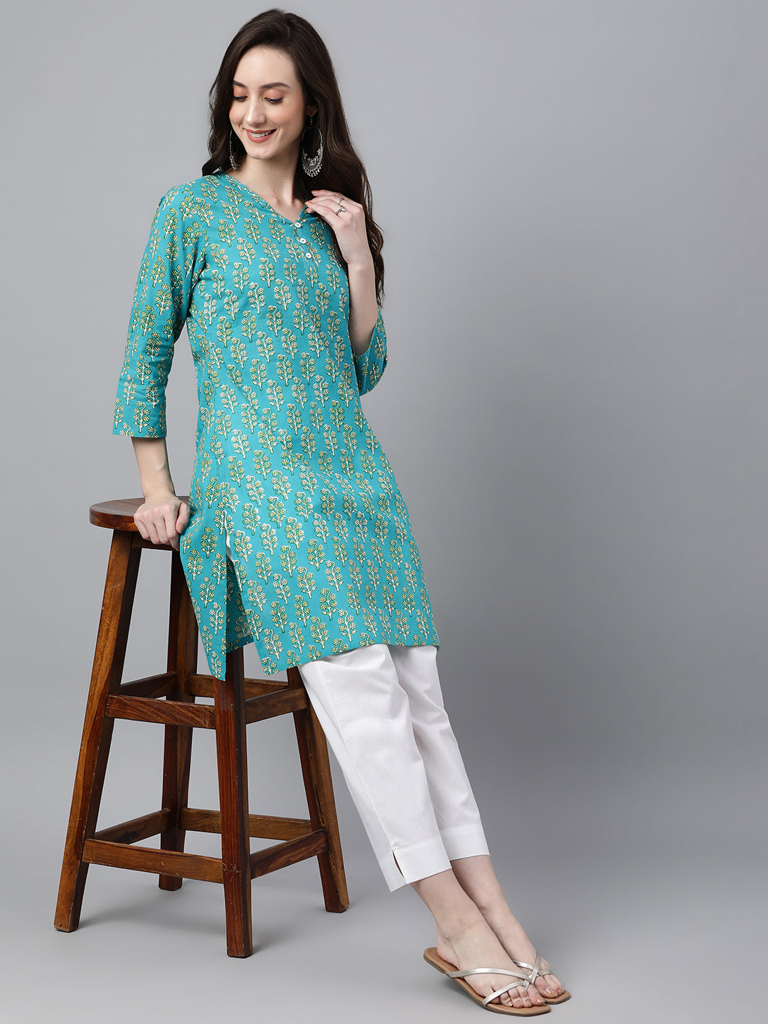 Janasya Women's Turquoise Blue Cotton Block Print Straight Tunic - Distacart
