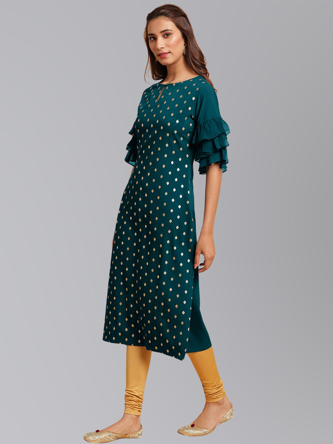Janasya Women's Peacock Green Crepe Foil Print Festive Straight Kurta - Distacart