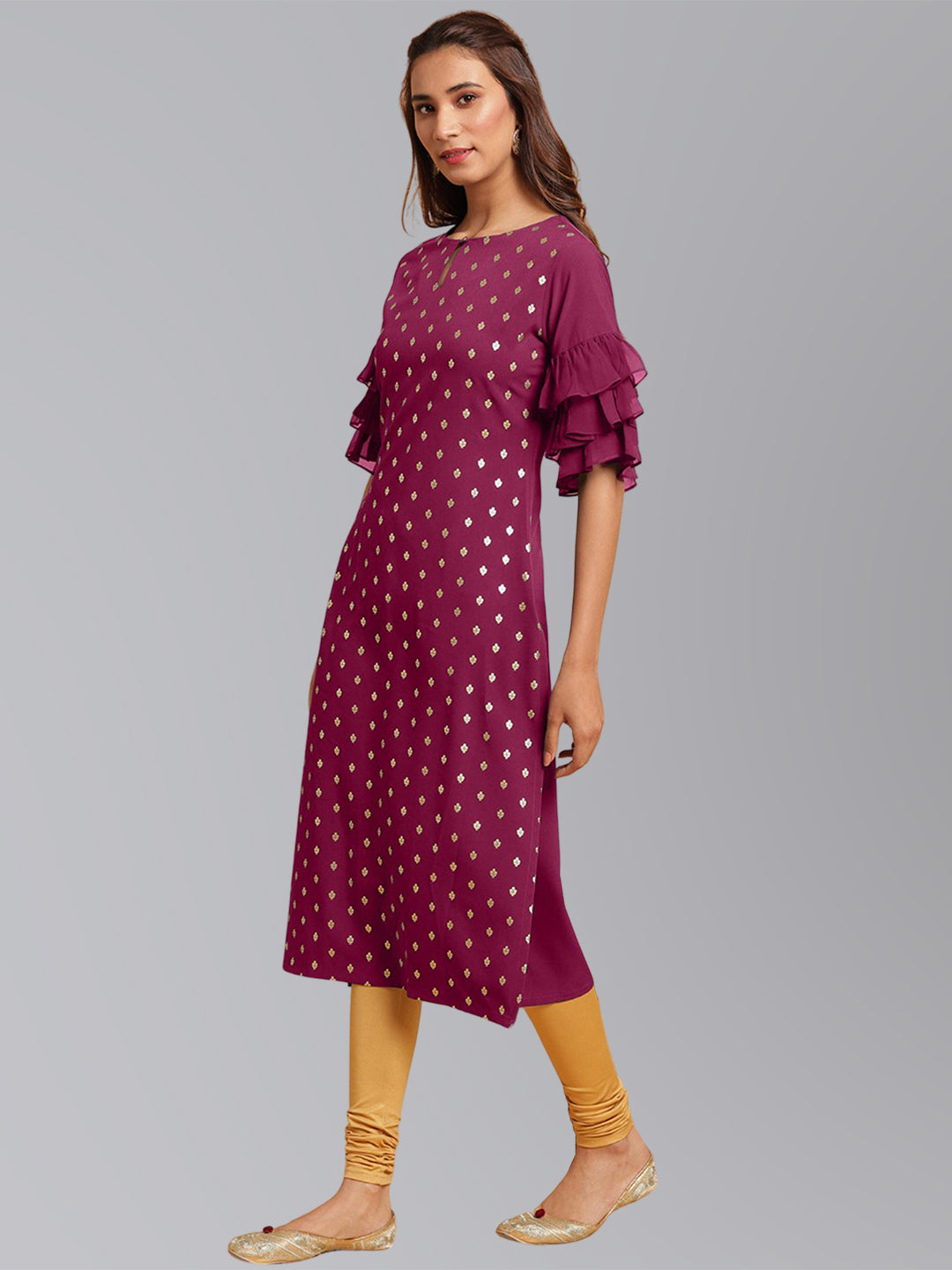 Janasya Women's Magenta Crepe Foil Print Festive Straight Kurta - Distacart