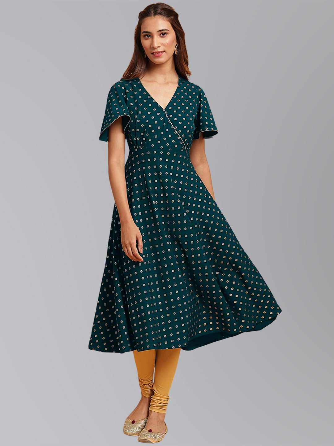 Janasya Women's Peacock Green Crepe Foil Print Festive Flared Kurta - Distacart