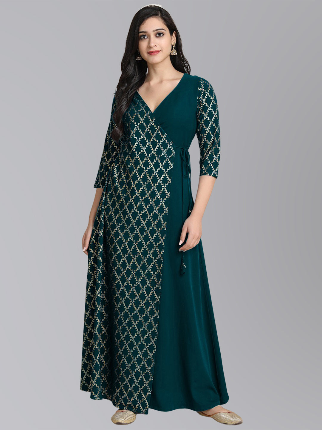 Janasya Women's Peacock Green Crepe Foil Print Festive Angarkha Kurta - Distacart