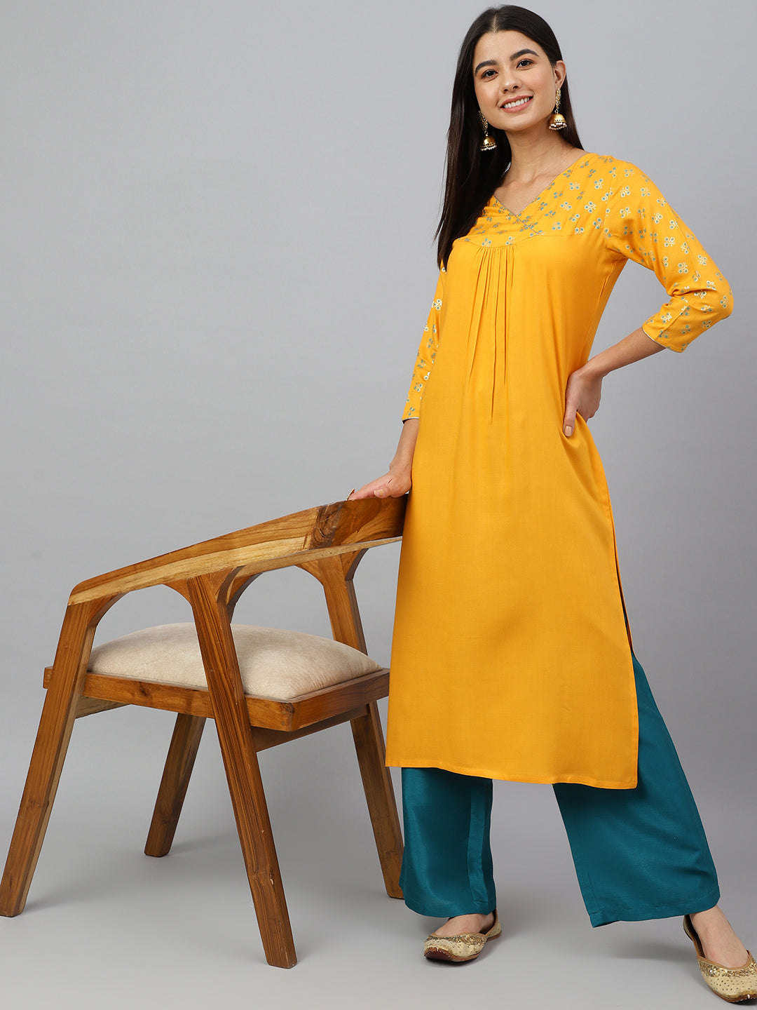 Janasya Women's Orange Rayon Gold Floral Print Festive Straight Kurta - Distacart