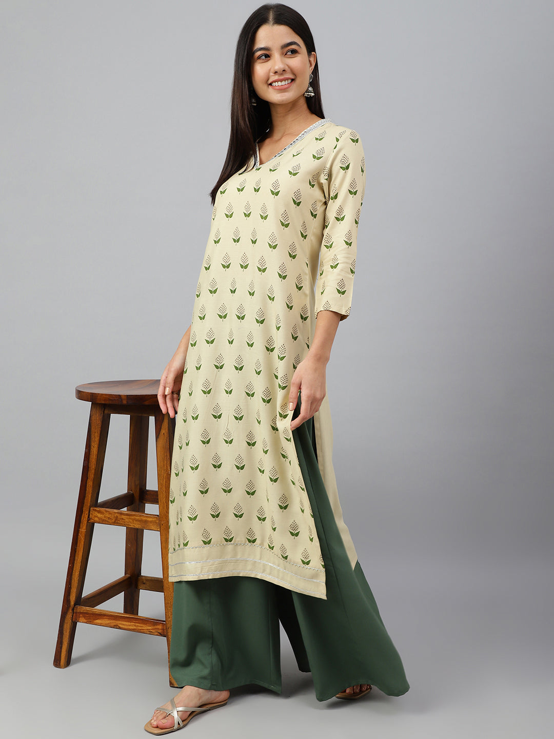 Janasya Women's Beige Rayon Botanical Print Festive Straight Kurta - Distacart