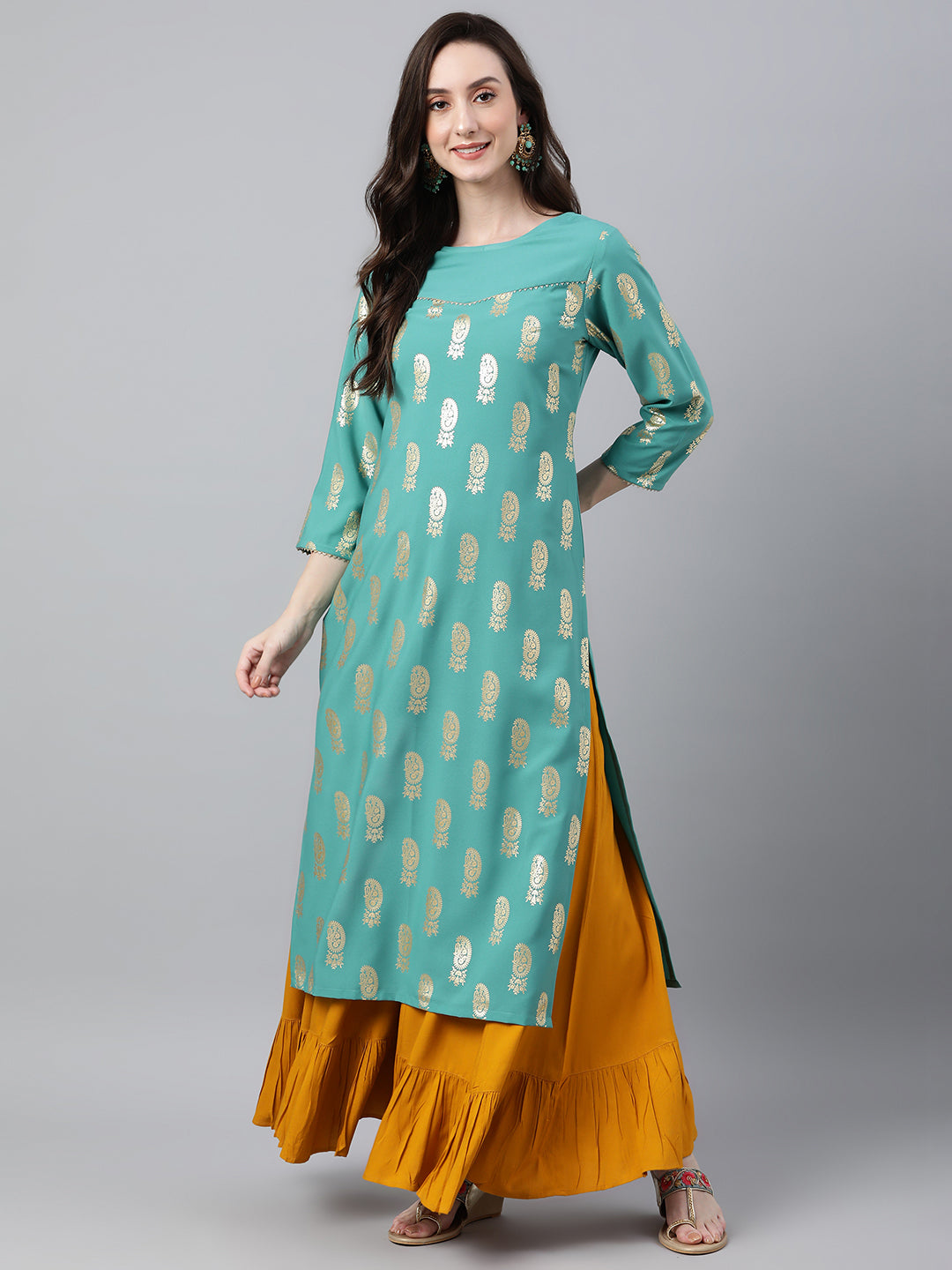 Janasya Women's Sea Green Crepe Floral Foil Print Casual Straight Kurta - Distacart