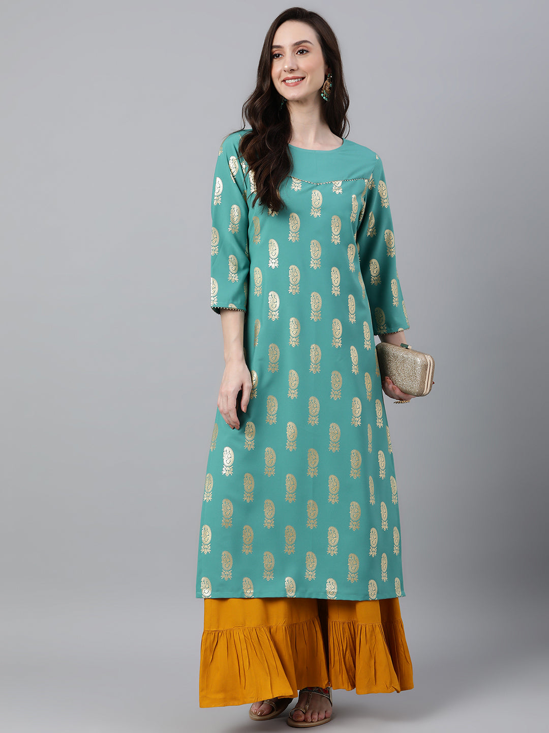Janasya Women's Sea Green Crepe Floral Foil Print Casual Straight Kurta - Distacart