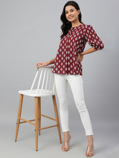 Janasya Women's Wine Cotton Ethnic Motifs A-line Top - Distacart