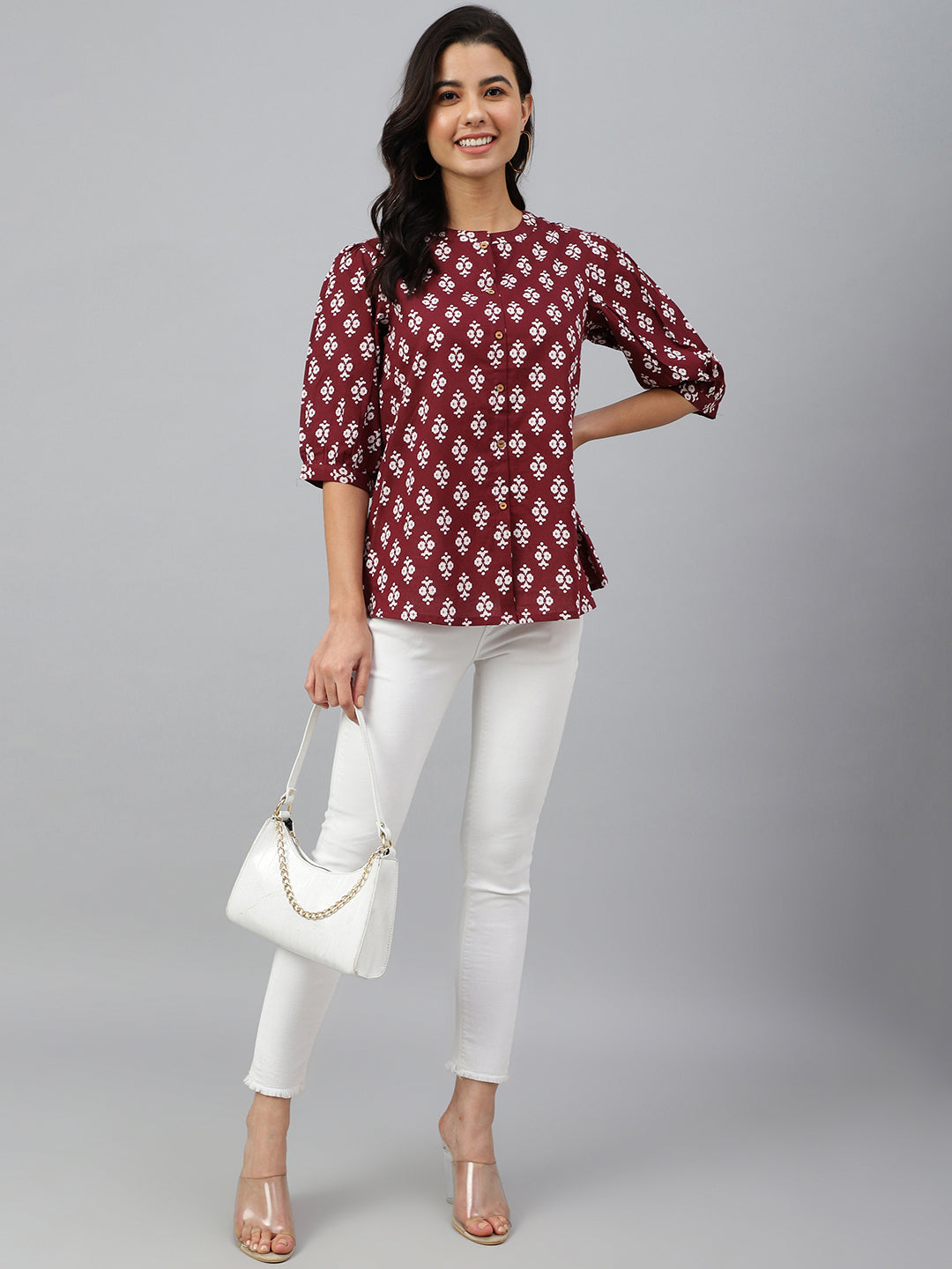 Janasya Women's Wine Cotton Ethnic Motifs A-line Top - Distacart