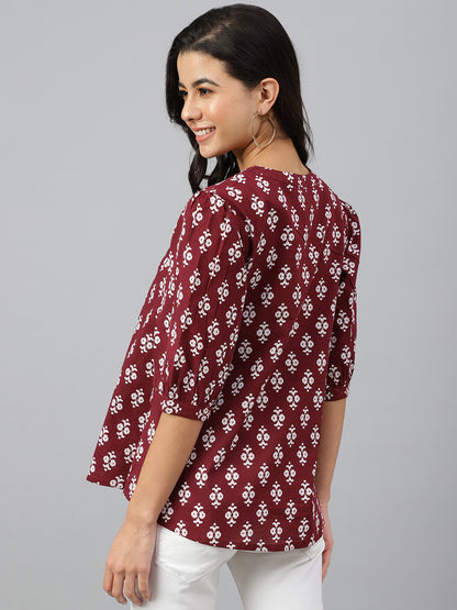 Janasya Women's Wine Cotton Ethnic Motifs A-line Top - Distacart