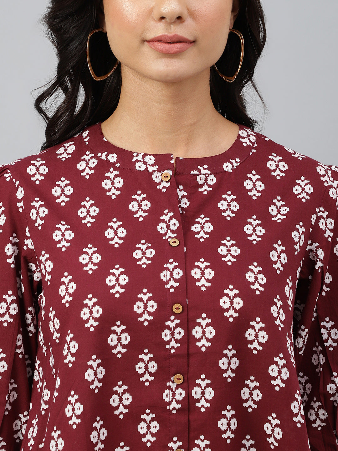 Janasya Women's Wine Cotton Ethnic Motifs A-line Top - Distacart