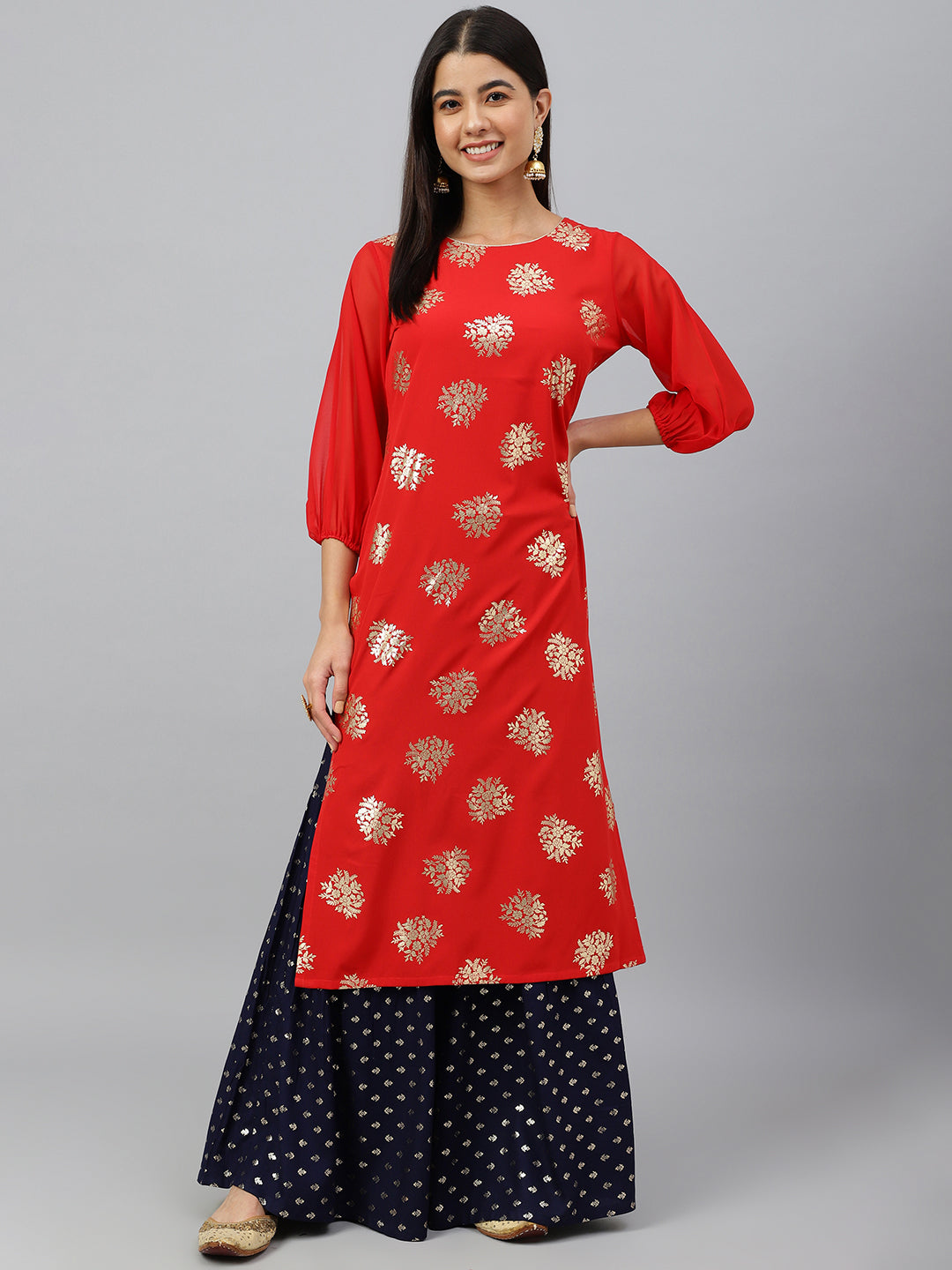 Janasya Women's Red Crepe Floral Foil Print Casual Straight Kurta - Distacart
