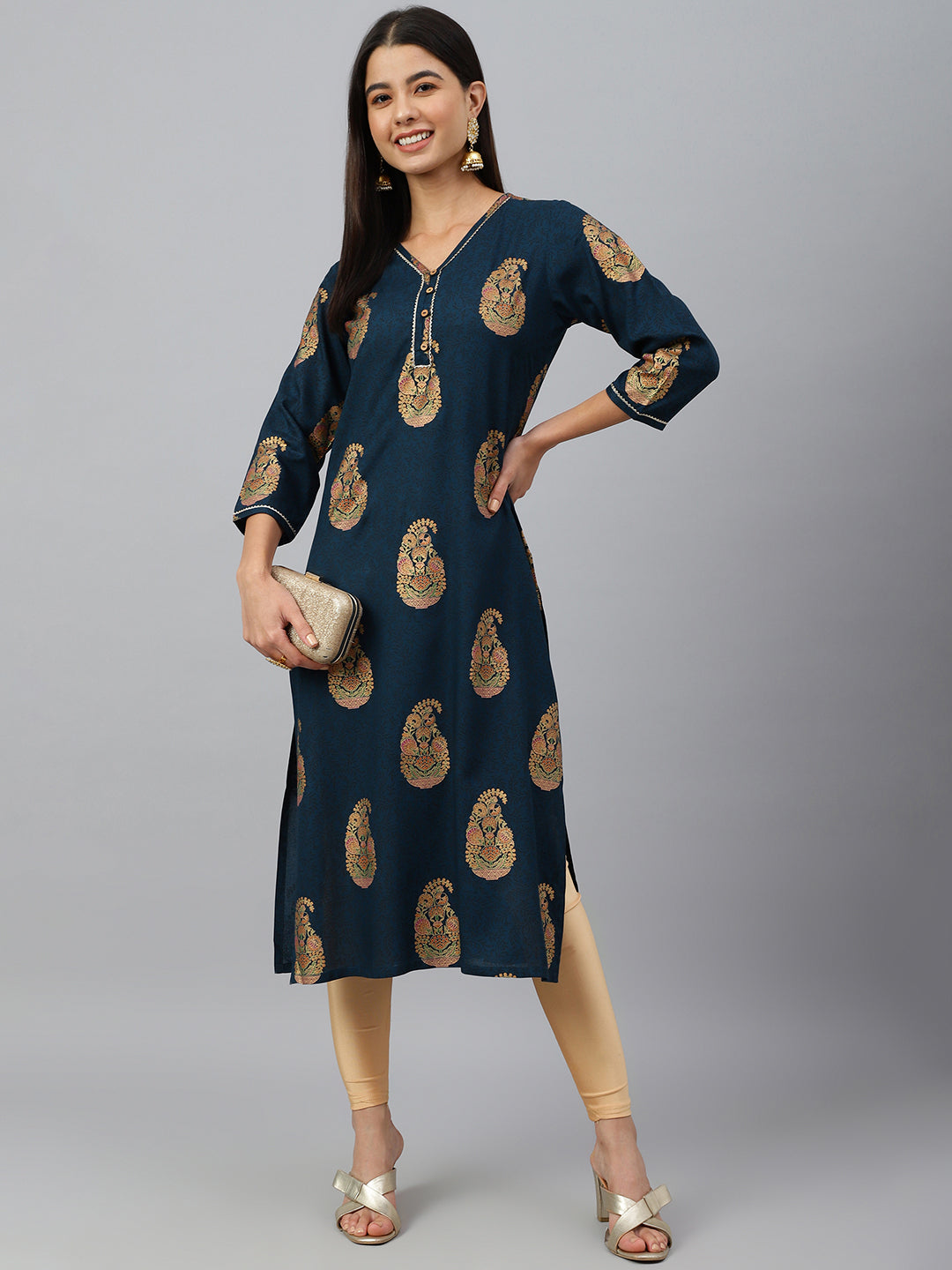 Janasya Women's Teal Blue Rayon Paisley Foil Print Casual Straight Kurta - Distacart
