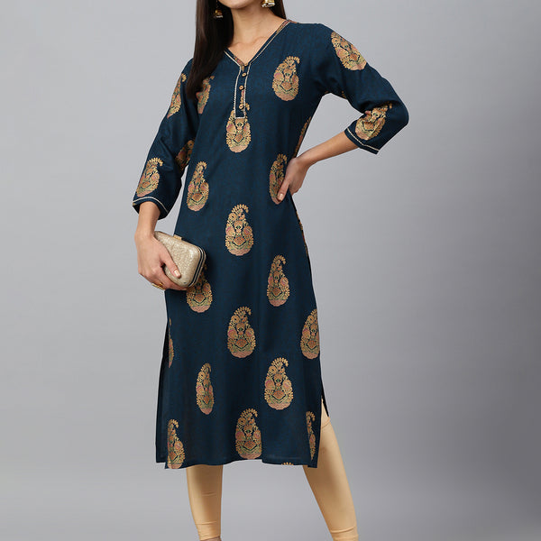 Janasya Women's Teal Blue Rayon Paisley Foil Print Casual Straight Kurta - Distacart